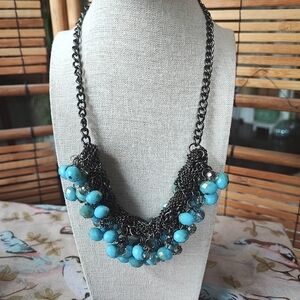 Vera Wang Turquoise Color Braided Gunmetal Bib Statement Necklace Gun Metal EUC